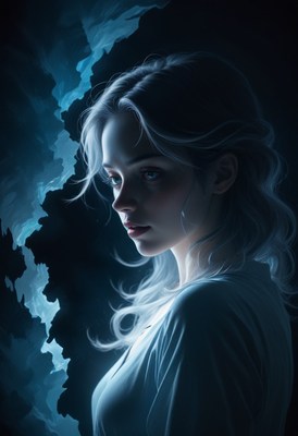 Woman with blue light and dark background