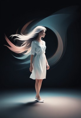 Woman in white dress with flowing hair