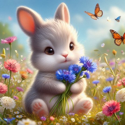 Bunny holding flowers in field
