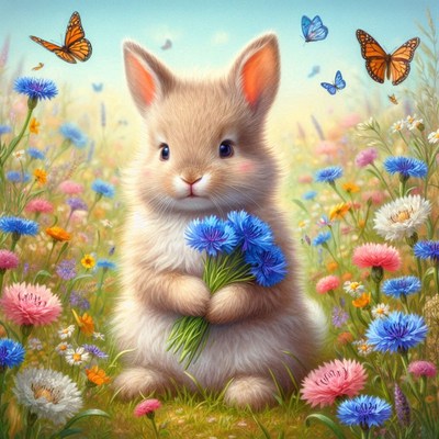 Bunny holding flowers in field