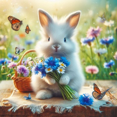 White rabbit holding flowers