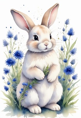 White rabbit in blue flowers