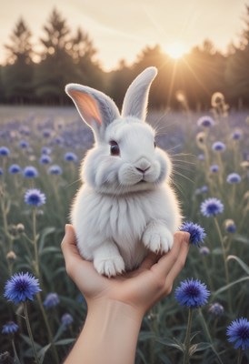 White rabbit held in field at sunset