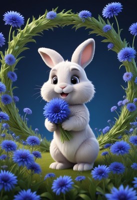 White rabbit holding flowers