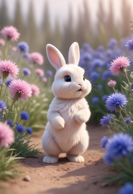 White rabbit standing in a field of flowers