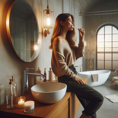 Woman brushing teeth in modern bathroom
