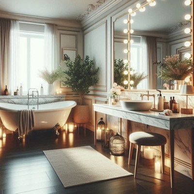 Elegant bathroom with bathtub and candles