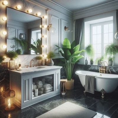 Modern bathroom with freestanding tub and plants