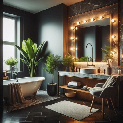 Modern bathroom with bathtub and plants