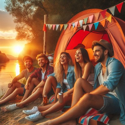Friends camping by river at sunset