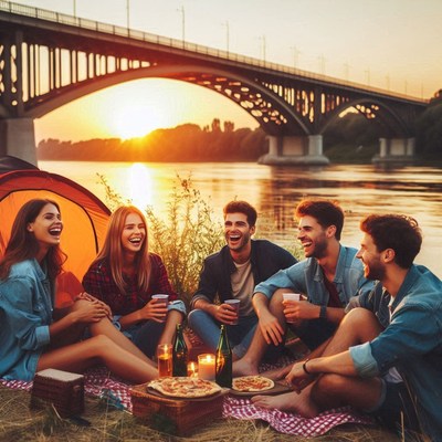 Friends enjoying picnic by the river at sunset