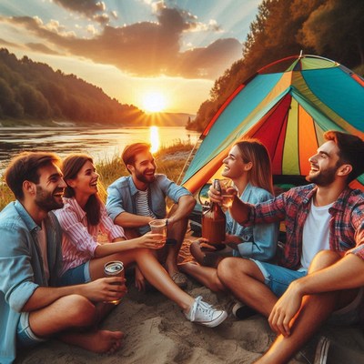 Friends campsite sunset drinks