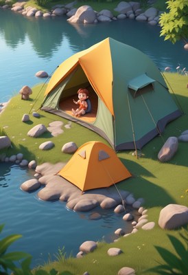 Girl camping by the lake