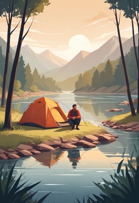 Man camping by lake at sunset