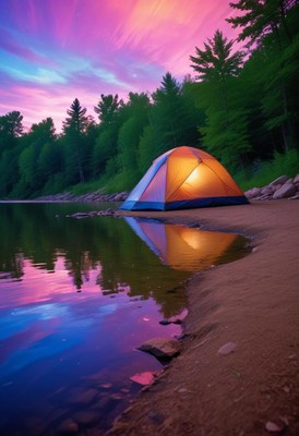 Illuminated tent by lake at dusk