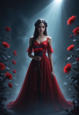 Woman in red dress with roses