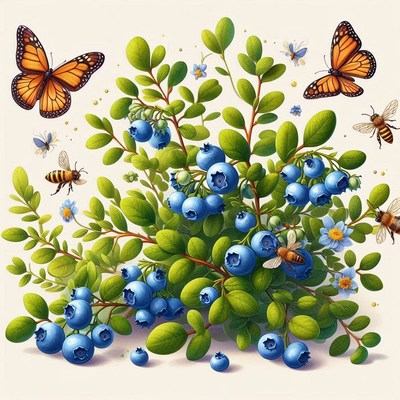 Blueberry bush with butterflies and bees