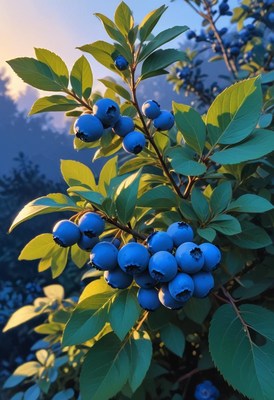 Blueberries on a branch in morning light