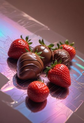 Chocolate covered strawberries on iridescent surface