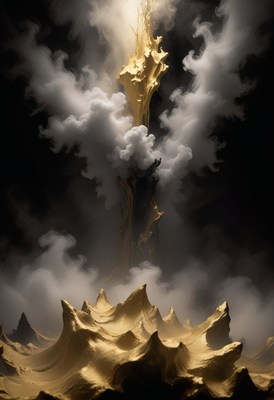 Golden tower emerging from clouds