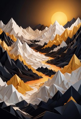 Origami mountain range at sunset
