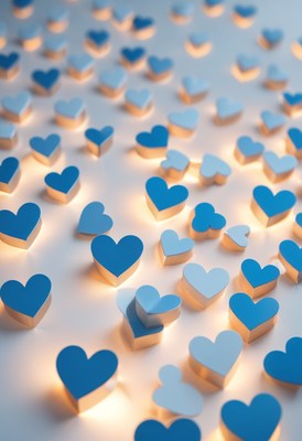 Blue heart decorations on white background