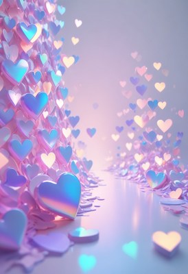 Iridescent hearts falling through the air