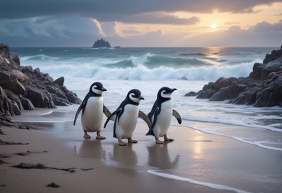 Penguins walking on a beach at sunset