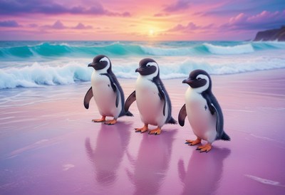 Three penguins on pink sand beach at sunset