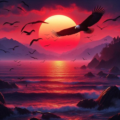 Eagle soaring over sunset sea