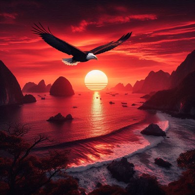 Eagle soaring at sunset