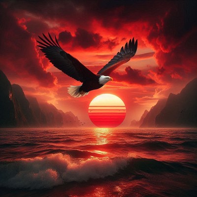 Eagle soaring at sunset