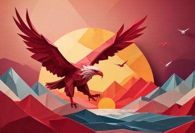 Red eagle soaring over mountains