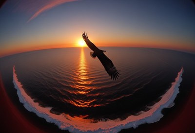 Eagle soaring at sunset