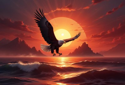Eagle soaring at sunset