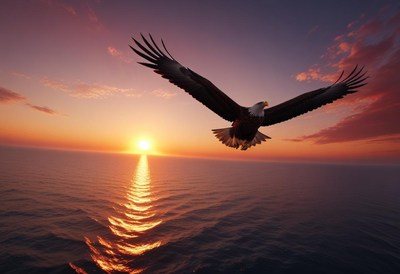 Eagle soaring over ocean sunset