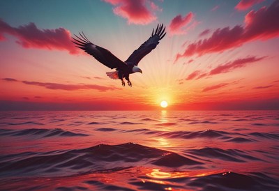 Eagle soaring at sunset over the ocean