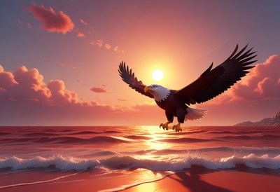 Eagle soaring over sunset sea