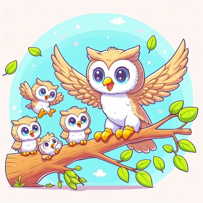 Owl family perched on branch