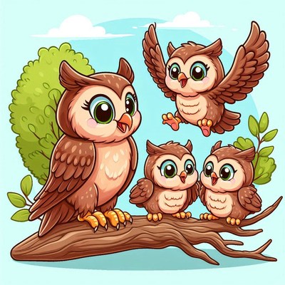 Owl family on branch