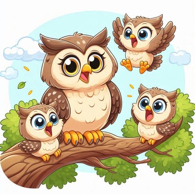 Owl family on branch