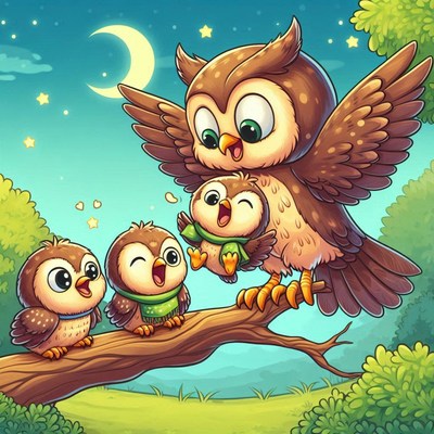 Owl family singing at night