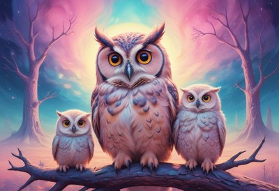 Three owls perched on branch at dusk