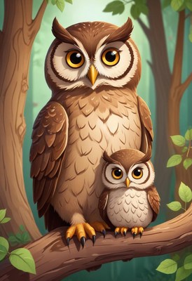 Owl family perched on branch