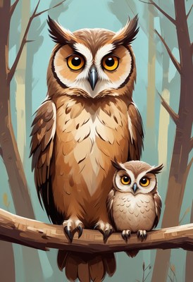 Owl family perched on branch