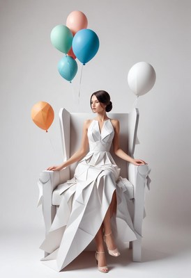 Woman in paper dress sitting in chair