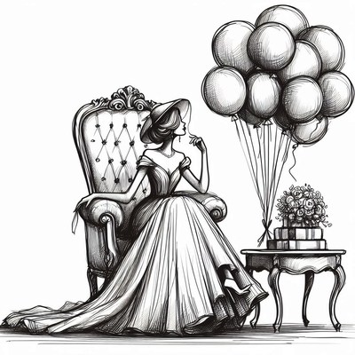 Woman in dress with balloons and gifts
