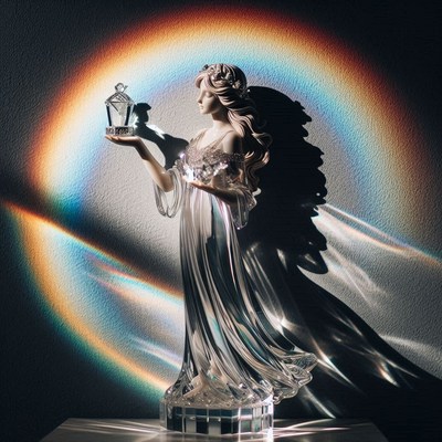 Glass angel holding lantern in rainbow light