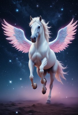 White winged horse running through night sky