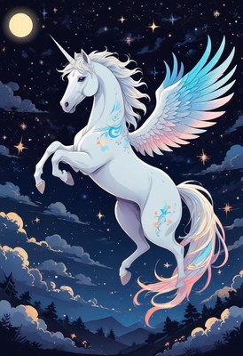 Winged unicorn flying at night